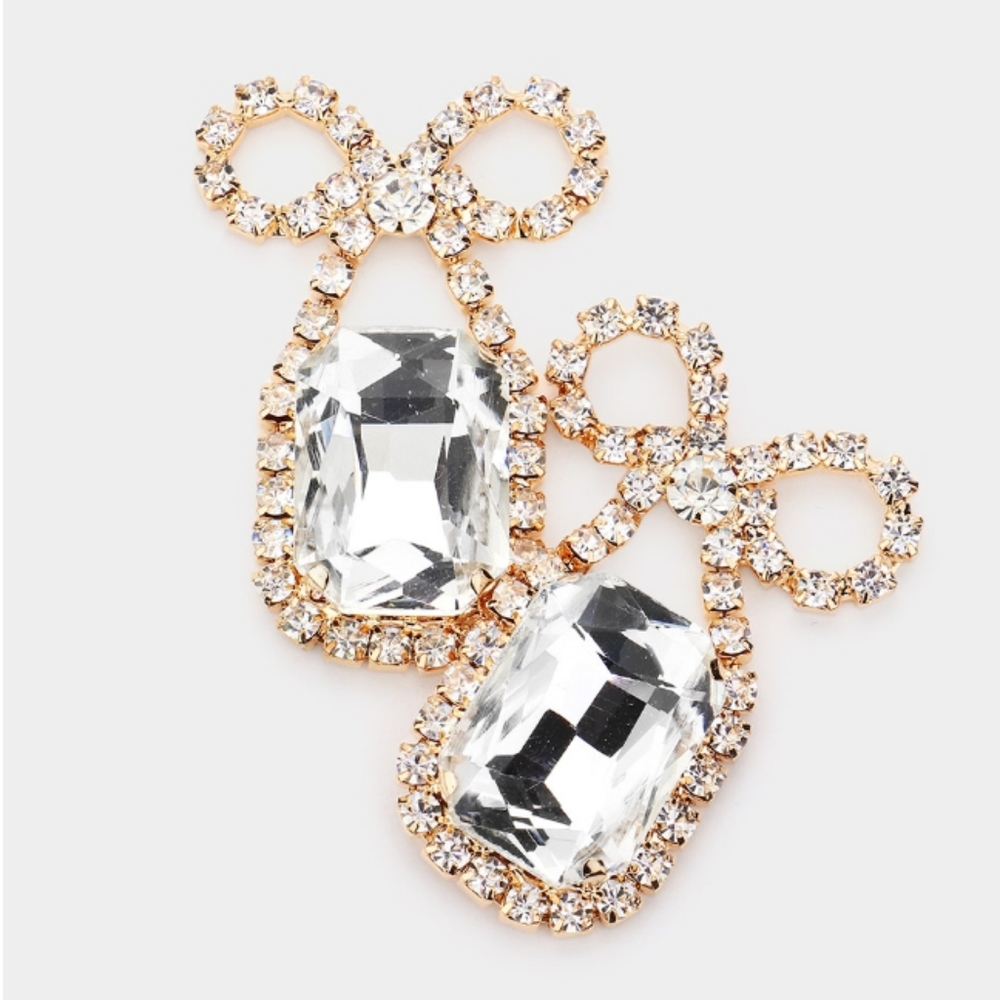 Rhinestone Bow Emerald Cut Stone Evening Earrings